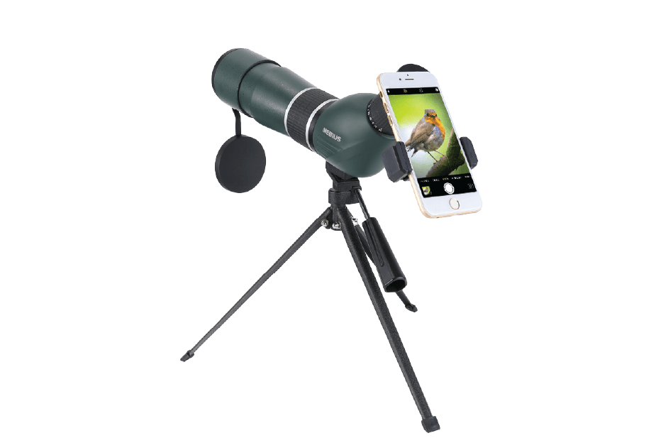 Small bird watching scope with a phone attached to it, allowing you to take pictures